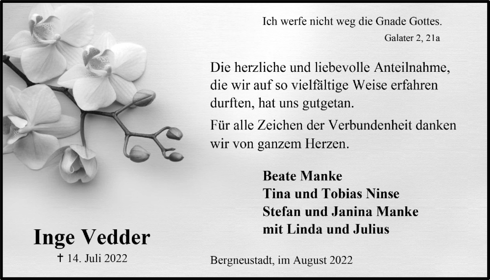 Traueranzeige für Inge Vedder vom 19.08.2022 aus  Anzeigen Echo 