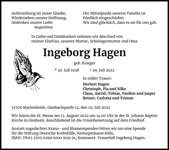 Anzeige von Ingeborg Hagen von Kölner Stadt-Anzeiger / Kölnische Rundschau / Express