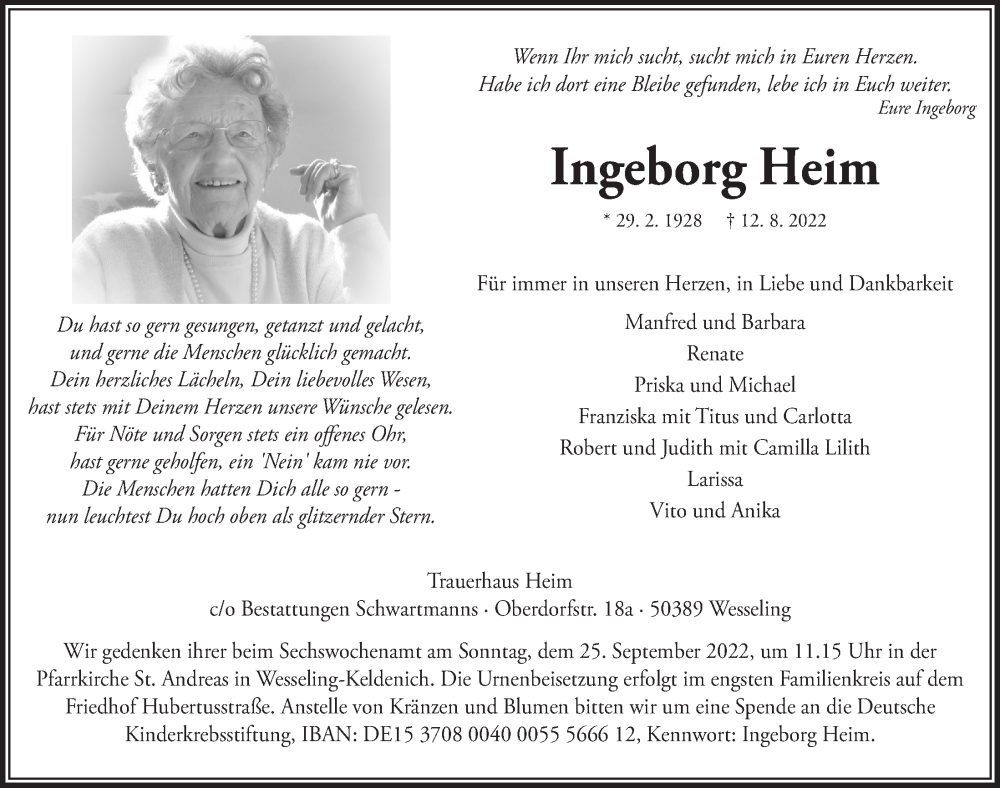  Traueranzeige für Ingeborg Heim vom 19.08.2022 aus  Schlossbote/Werbekurier 