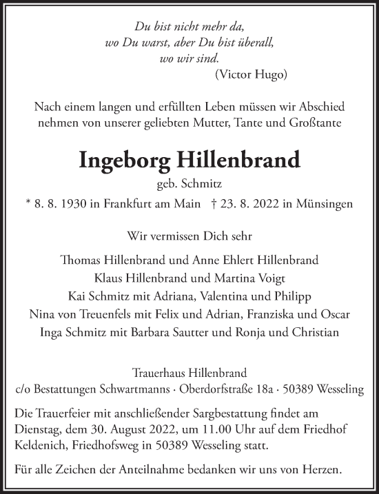 Anzeige von Ingeborg Hillenbrand von  Schlossbote/Werbekurier 
