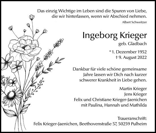 Anzeige von Ingeborg Krieger von Kölner Stadt-Anzeiger / Kölnische Rundschau / Express