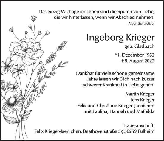 Anzeige von Ingeborg Krieger von  Wochenende 