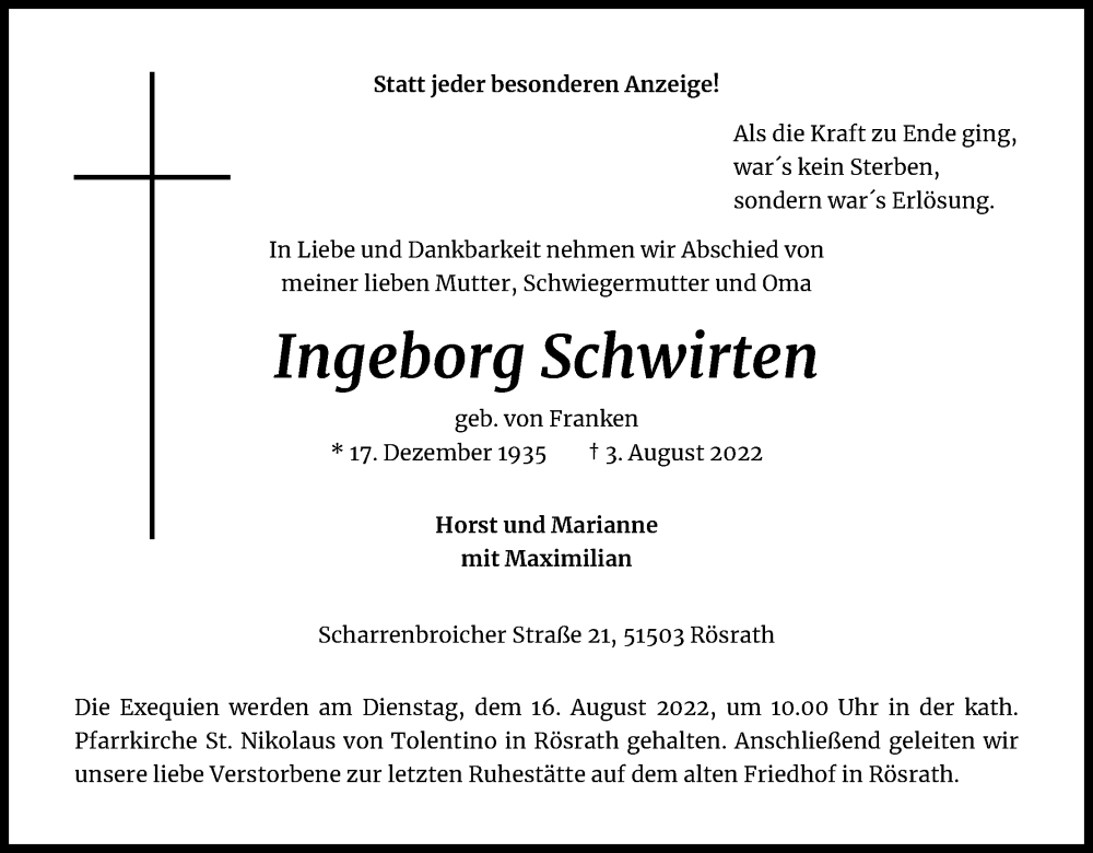  Traueranzeige für Ingeborg Schwirten vom 13.08.2022 aus Kölner Stadt-Anzeiger / Kölnische Rundschau / Express