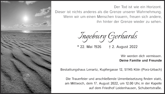 Anzeige von Ingeburg Gerhards von  EXPRESS - Die Woche 