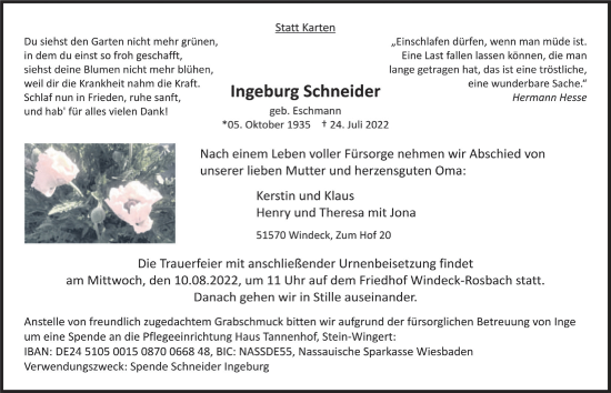 Anzeige von Ingeburg Schneider von  Lokalanzeiger 