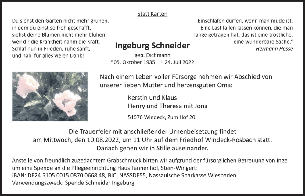  Traueranzeige für Ingeburg Schneider vom 05.08.2022 aus  Lokalanzeiger 