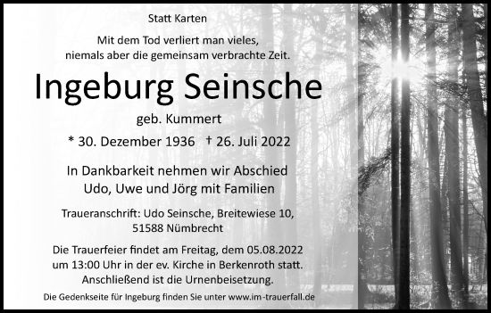 Anzeige von Ingeburg Seinsche von Kölner Stadt-Anzeiger / Kölnische Rundschau / Express