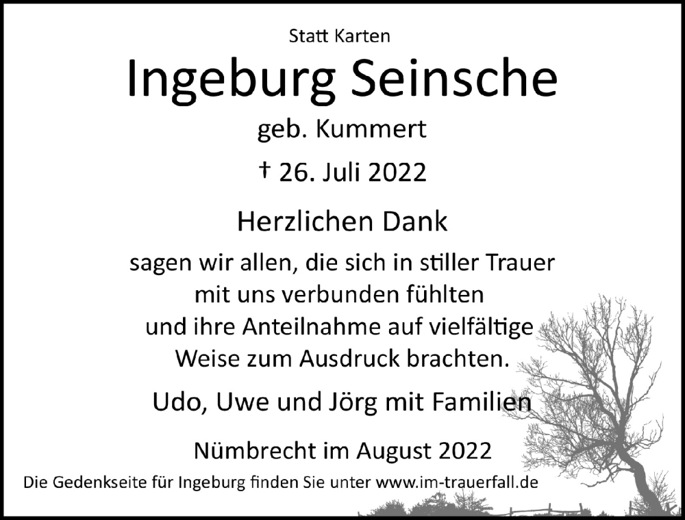  Traueranzeige für Ingeburg Seinsche vom 26.08.2022 aus  Lokalanzeiger 