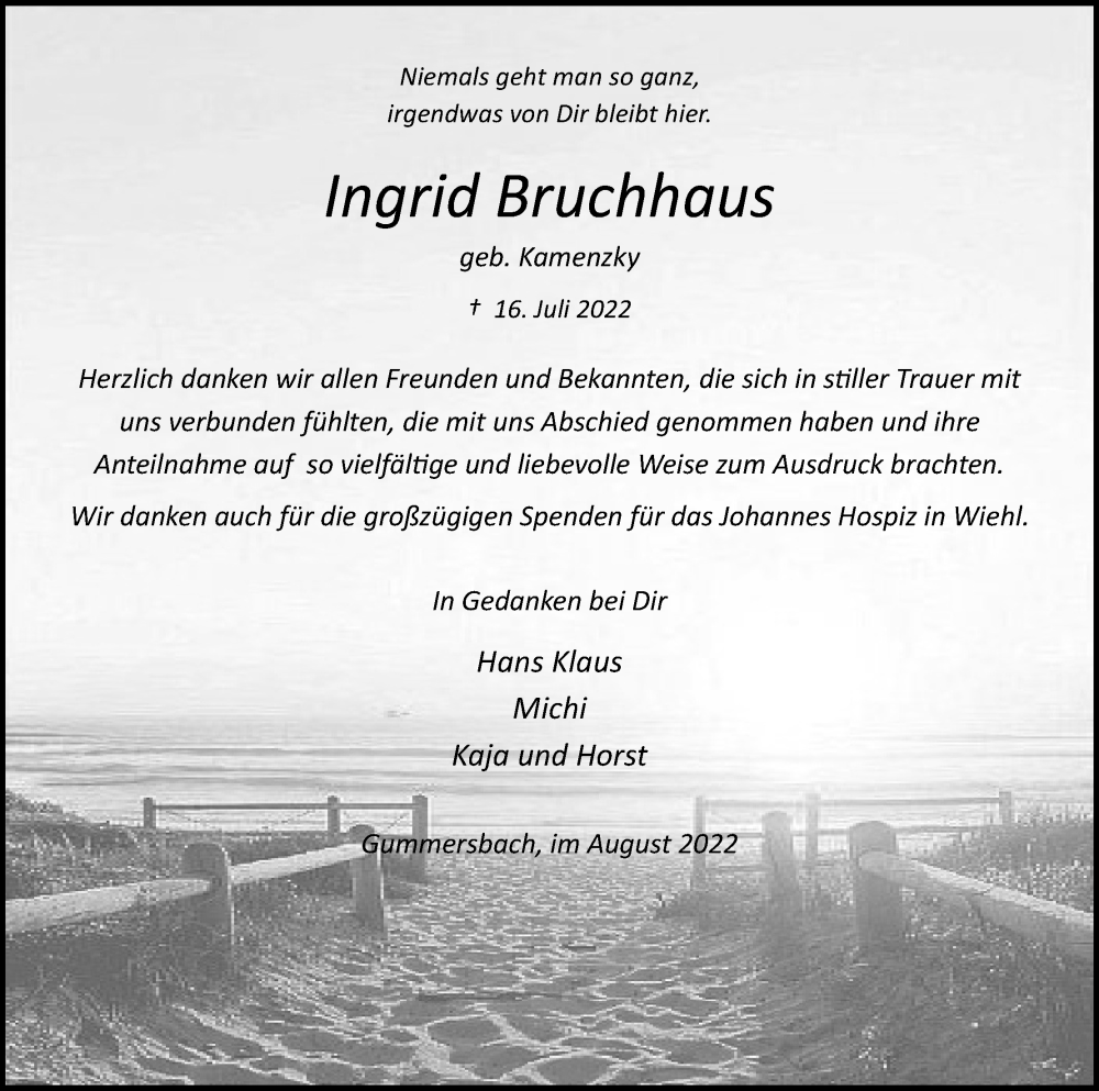  Traueranzeige für Ingrid Bruchhaus vom 19.08.2022 aus Kölner Stadt-Anzeiger / Kölnische Rundschau / Express