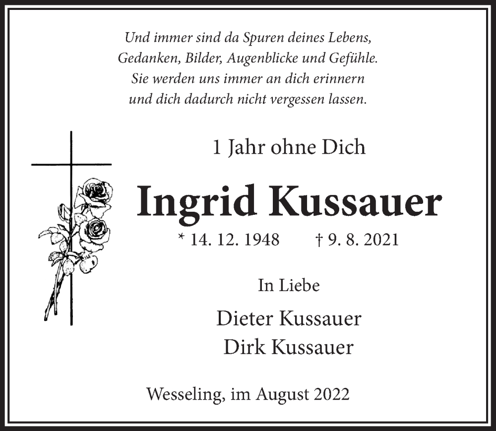  Traueranzeige für Ingrid Kussauer vom 12.08.2022 aus  Schlossbote/Werbekurier 