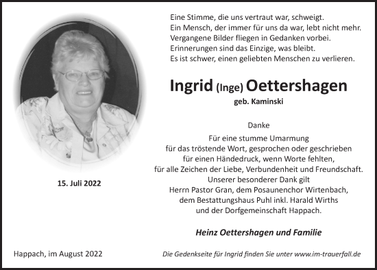 Anzeige von Ingrid Oettershagen von  Lokalanzeiger 