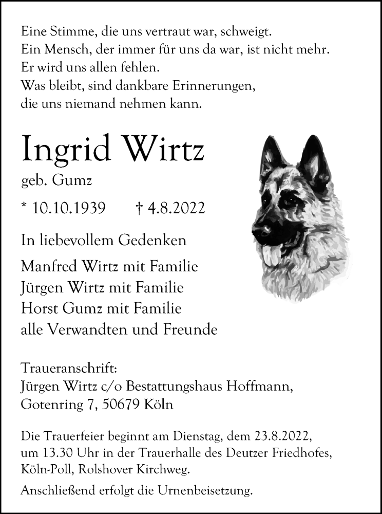  Traueranzeige für Ingrid Wirtz vom 13.08.2022 aus Kölner Stadt-Anzeiger / Kölnische Rundschau / Express