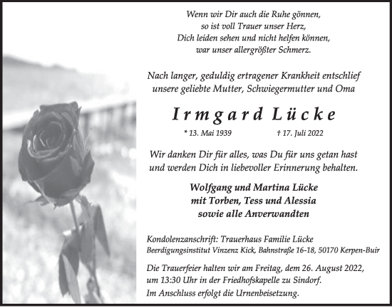 Anzeige von Irmgard Lücke von  Werbepost 