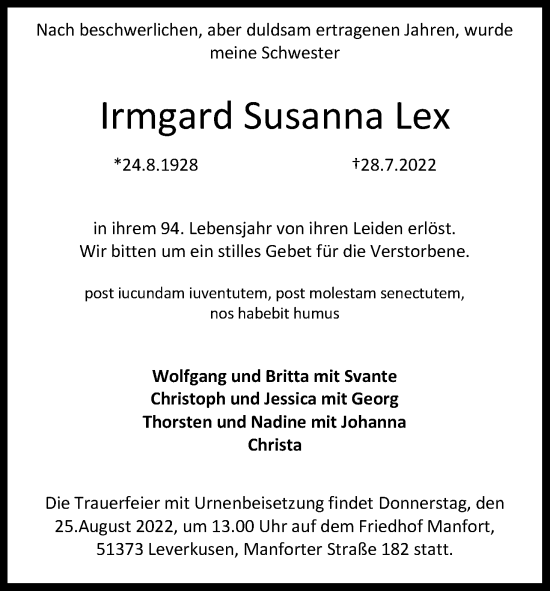 Anzeige von Irmgard Susanna Lex von Kölner Stadt-Anzeiger / Kölnische Rundschau / Express