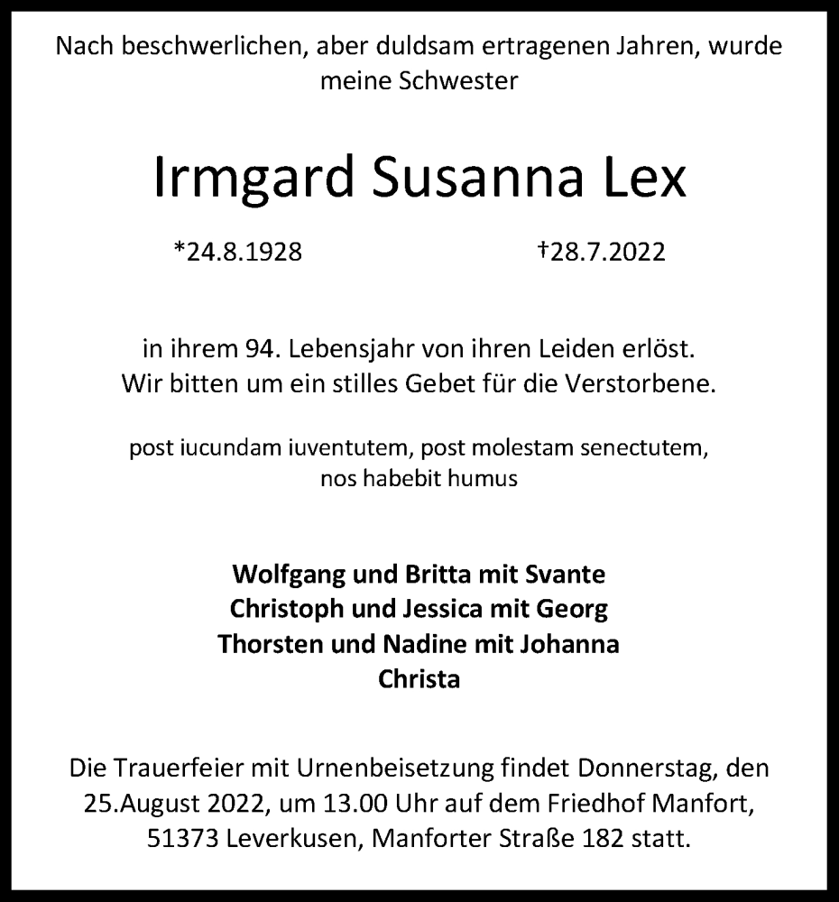  Traueranzeige für Irmgard Susanna Lex vom 20.08.2022 aus Kölner Stadt-Anzeiger / Kölnische Rundschau / Express