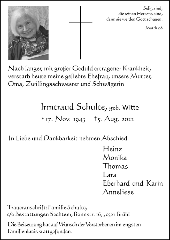 Anzeige von Irmtraud Schulte von  Schlossbote/Werbekurier 