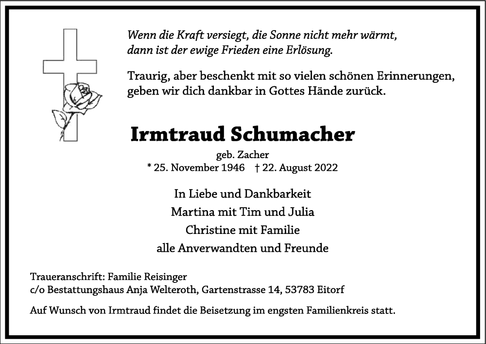  Traueranzeige für Irmtraud Schumacher vom 27.08.2022 aus Kölner Stadt-Anzeiger / Kölnische Rundschau / Express