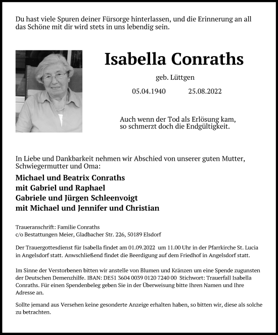Anzeige von Isabella Conraths von Kölner Stadt-Anzeiger / Kölnische Rundschau / Express