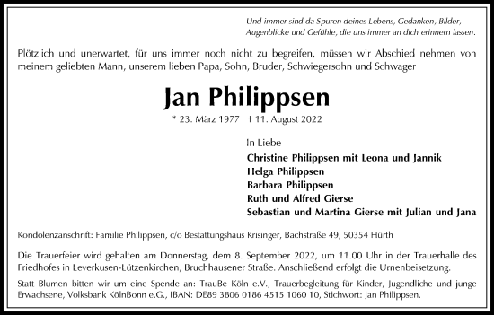 Anzeige von Jan Philippsen von Kölner Stadt-Anzeiger / Kölnische Rundschau / Express