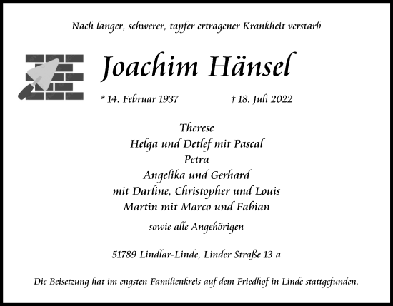 Anzeige von Joachim Hänsel von Kölner Stadt-Anzeiger / Kölnische Rundschau / Express