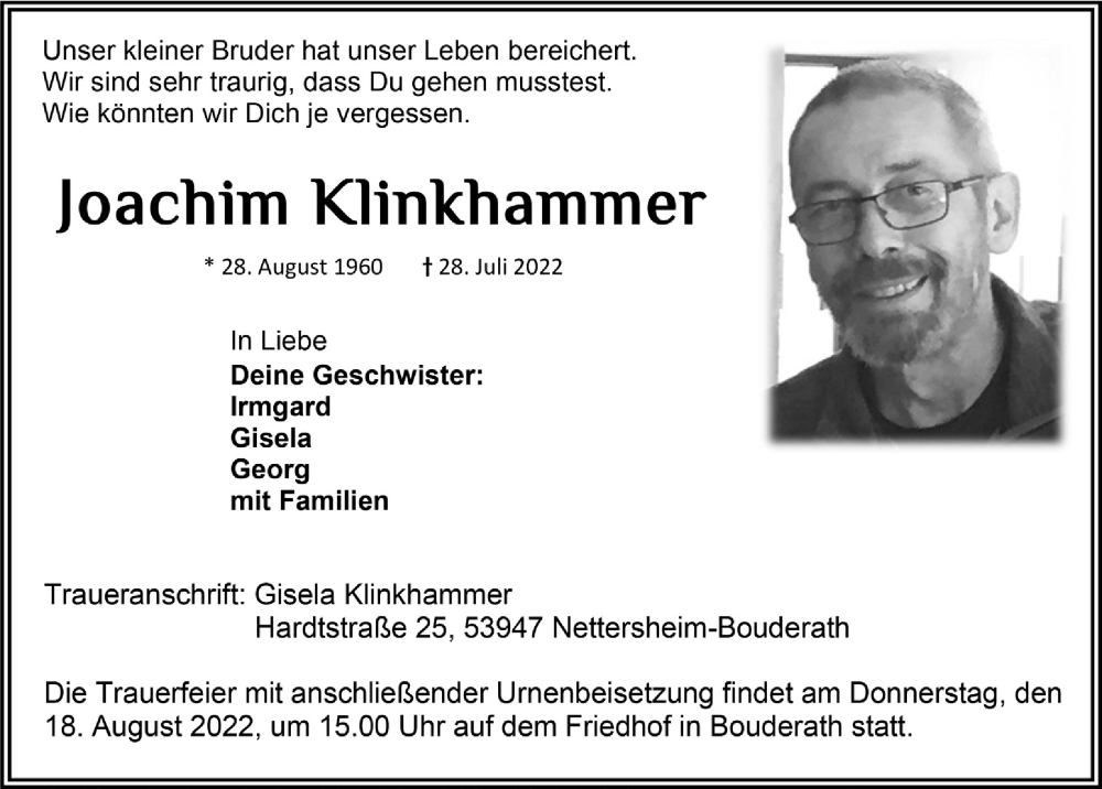  Traueranzeige für Joachim Klinkhammer vom 13.08.2022 aus  Blickpunkt Euskirchen 