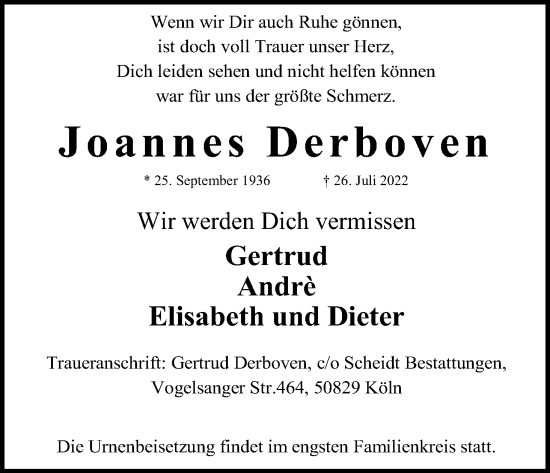 Anzeige von Joannes Derboven von Kölner Stadt-Anzeiger / Kölnische Rundschau / Express