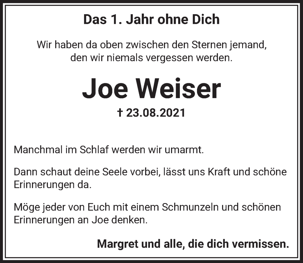  Traueranzeige für Joe Weiser vom 26.08.2022 aus  Werbepost 
