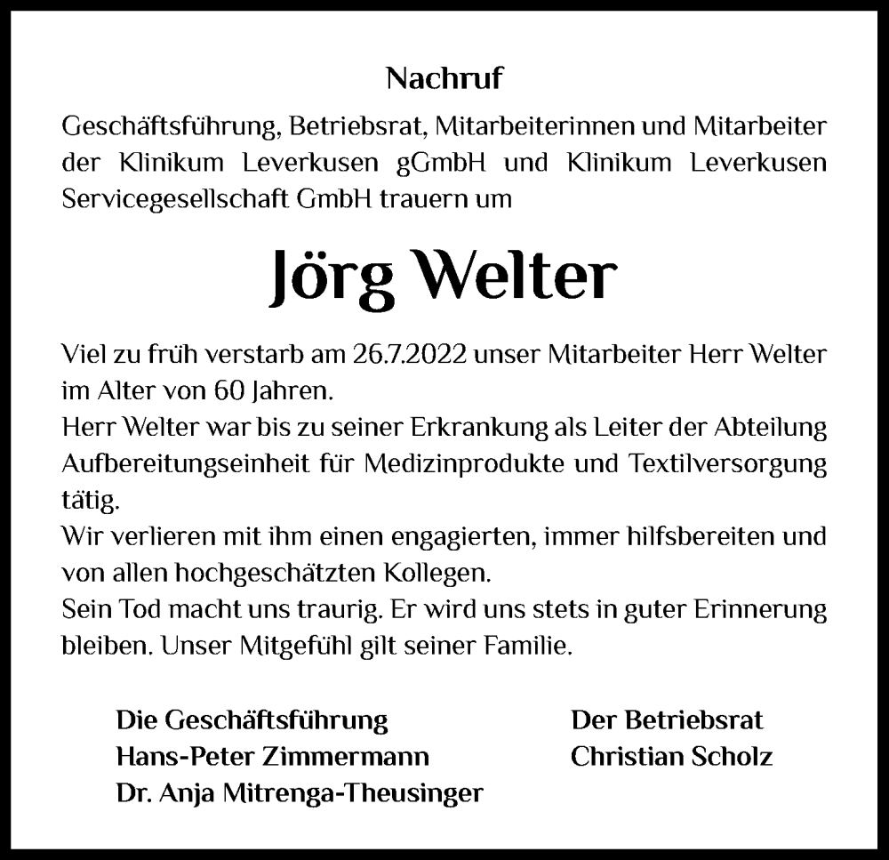  Traueranzeige für Jörg Welter vom 10.08.2022 aus Kölner Stadt-Anzeiger / Kölnische Rundschau / Express
