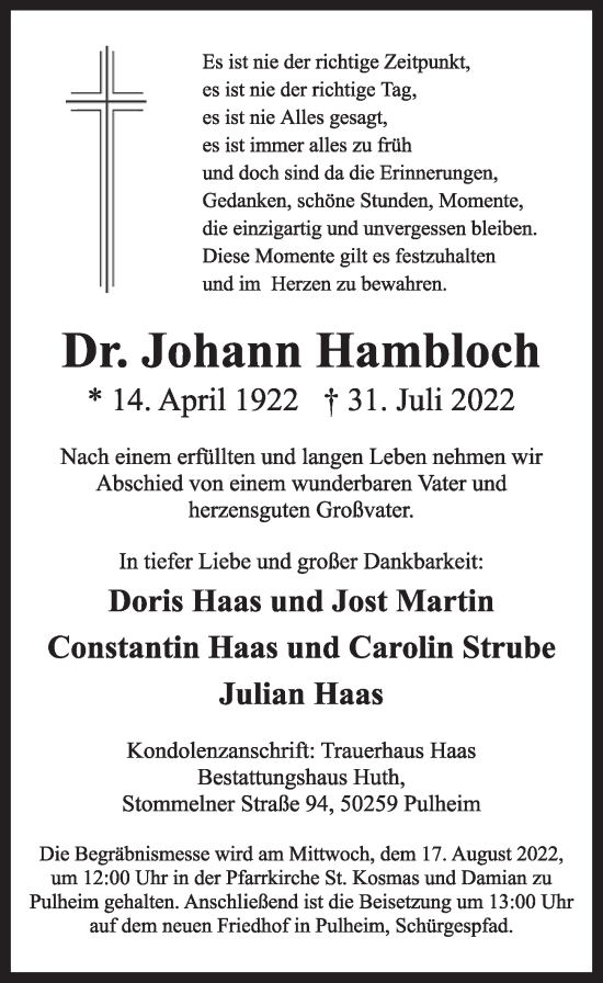 Anzeige von Johann Hambloch von  Werbepost 