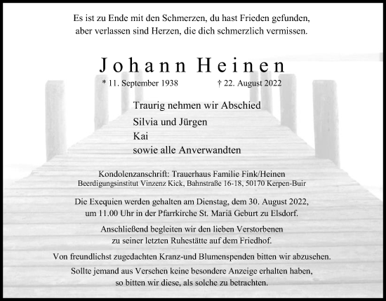 Anzeige von Johann Heinen von Kölner Stadt-Anzeiger / Kölnische Rundschau / Express