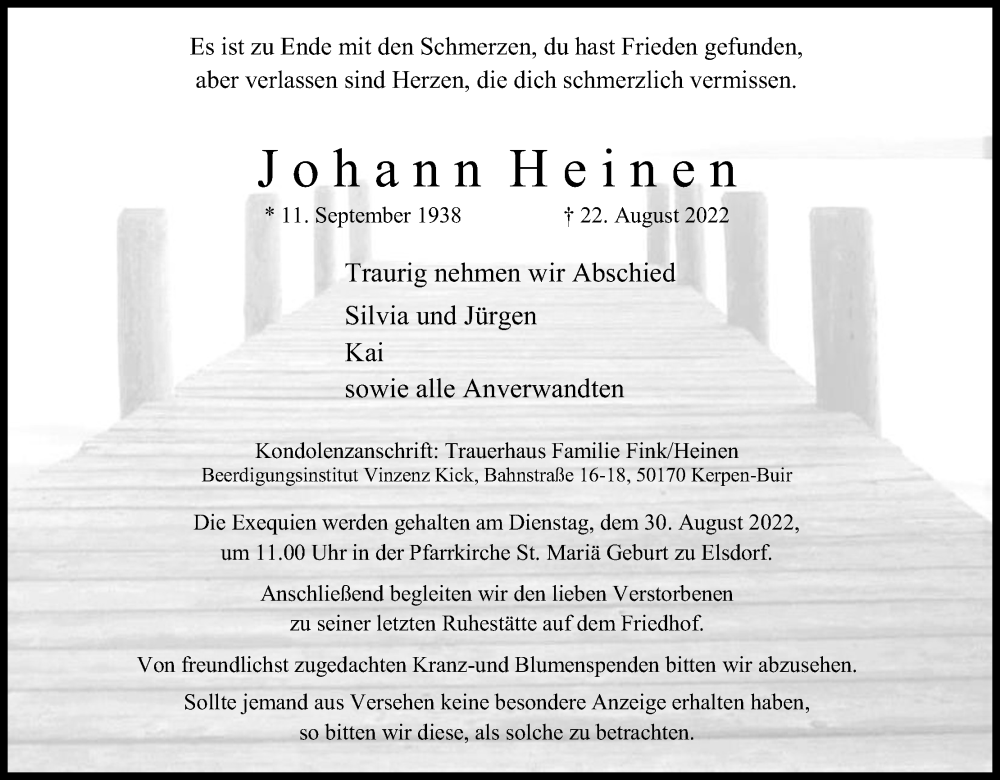  Traueranzeige für Johann Heinen vom 27.08.2022 aus Kölner Stadt-Anzeiger / Kölnische Rundschau / Express