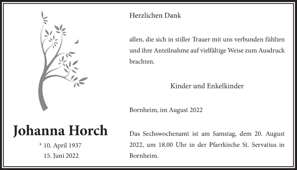  Traueranzeige für Johanna Horch vom 12.08.2022 aus  Schaufenster/Blickpunkt 