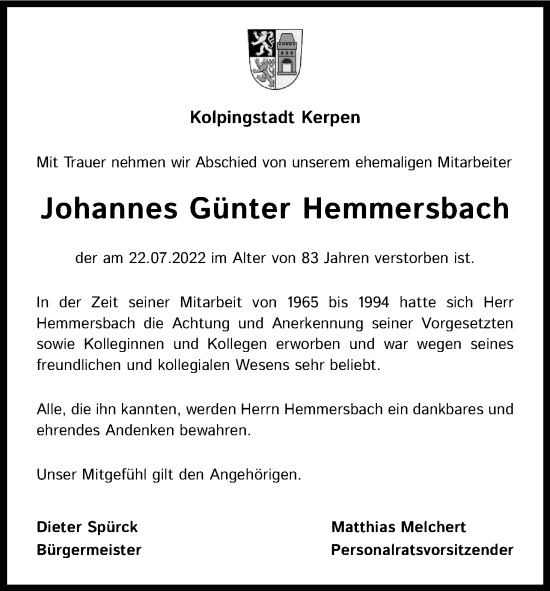 Anzeige von Johannes Günter Hemmersbach von Kölner Stadt-Anzeiger / Kölnische Rundschau / Express