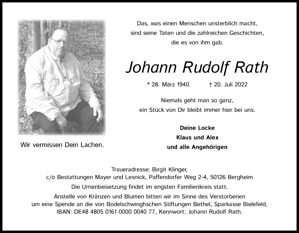  Traueranzeige für Johann Rudolf Rath vom 06.08.2022 aus Kölner Stadt-Anzeiger / Kölnische Rundschau / Express