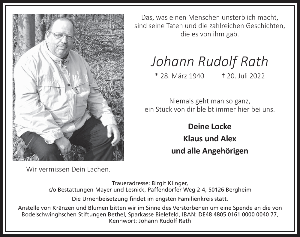  Traueranzeige für Johann Rudolf Rath vom 05.08.2022 aus  Werbepost 