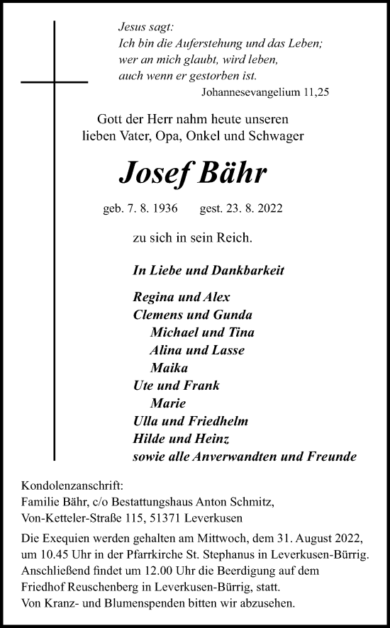 Anzeige von Josef Bähr von Kölner Stadt-Anzeiger / Kölnische Rundschau / Express