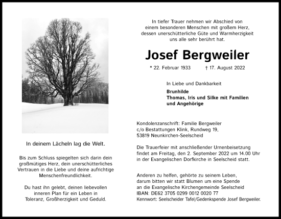 Anzeige von Josef Bergweiler von Kölner Stadt-Anzeiger / Kölnische Rundschau / Express