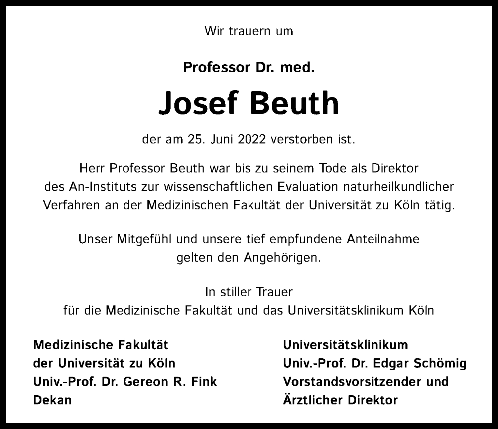  Traueranzeige für Josef Beuth vom 20.08.2022 aus Kölner Stadt-Anzeiger / Kölnische Rundschau / Express