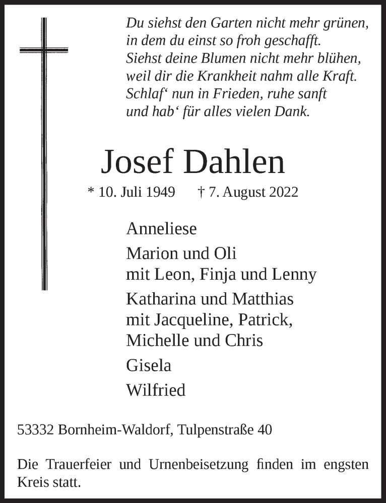  Traueranzeige für Josef Dahlen vom 12.08.2022 aus  Schaufenster/Blickpunkt 