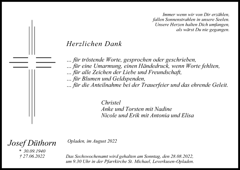  Traueranzeige für Josef Düthorn vom 20.08.2022 aus Kölner Stadt-Anzeiger / Kölnische Rundschau / Express