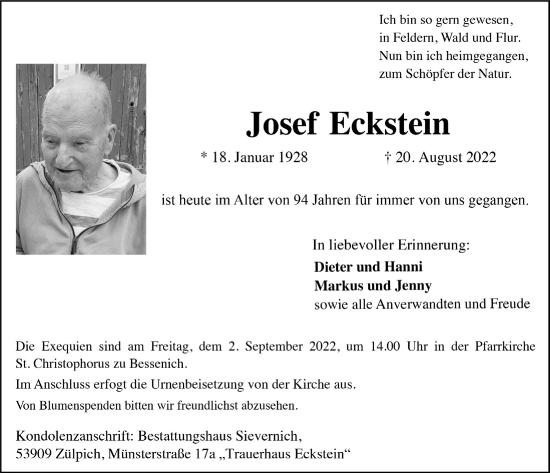 Anzeige von Josef Eckstein von  Blickpunkt Euskirchen 