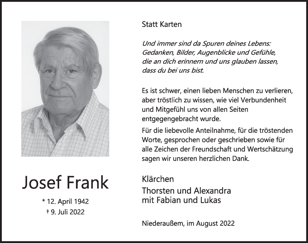  Traueranzeige für Josef Frank vom 19.08.2022 aus  Werbepost 