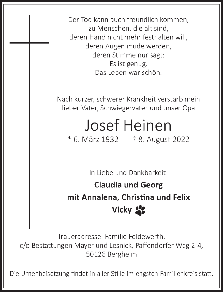  Traueranzeige für Josef Heinen vom 12.08.2022 aus  Werbepost 