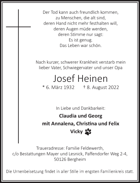 Anzeige von Josef Heinen von  Werbepost 