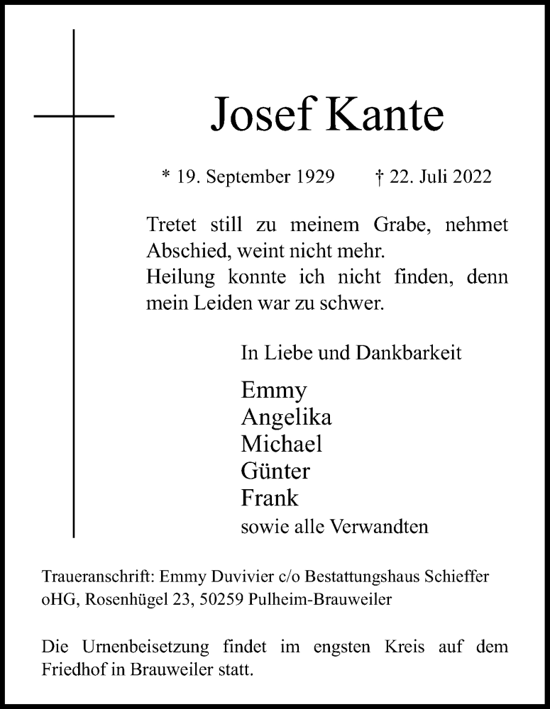  Traueranzeige für Josef Kante vom 06.08.2022 aus Kölner Stadt-Anzeiger / Kölnische Rundschau / Express