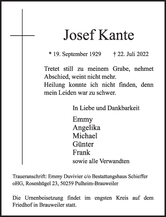 Anzeige von Josef Kante von  Wochenende 