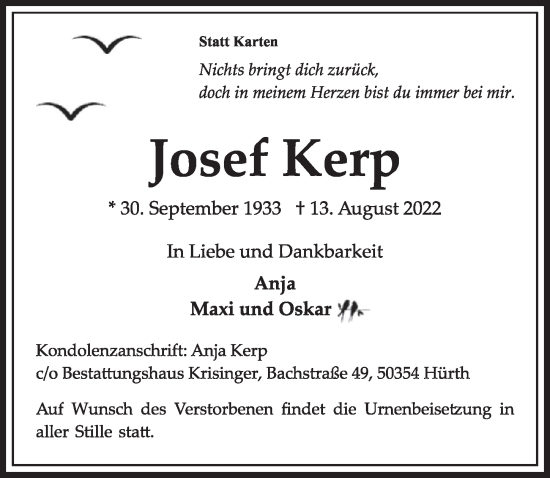 Anzeige von Josef Kerp von  Wochenende 