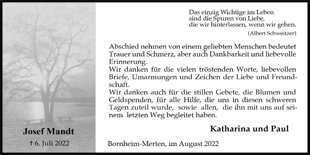  Traueranzeige für Josef Mandt vom 12.08.2022 aus  Schaufenster/Blickpunkt  Schlossbote/Werbekurier 