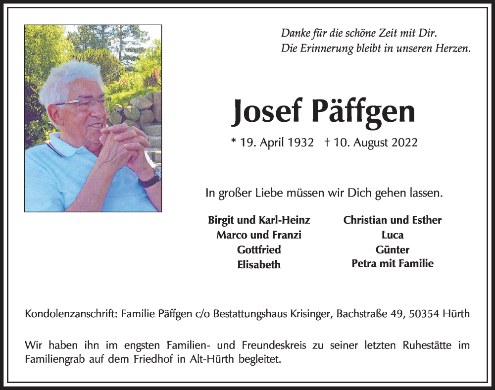  Traueranzeige für Josef Päffgen vom 19.08.2022 aus  Wochenende 