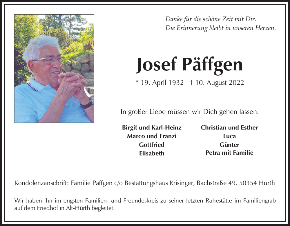  Traueranzeige für Josef Päffgen vom 20.08.2022 aus Kölner Stadt-Anzeiger / Kölnische Rundschau / Express